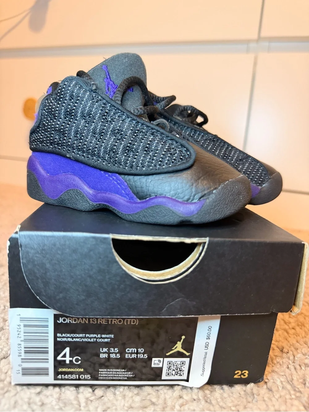 Jordan Kids' 13 Retro Sneakers in Black and Court Purple